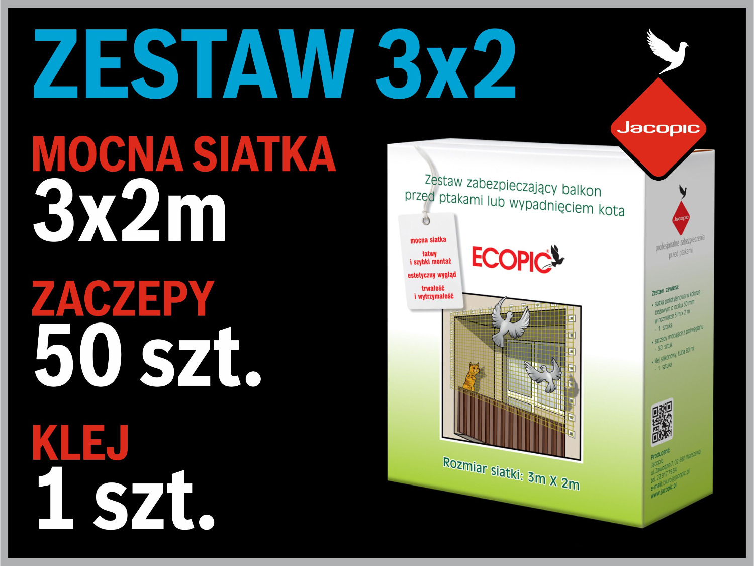 ZESTAW SIATKA NA BALKON 3 m x 2 m